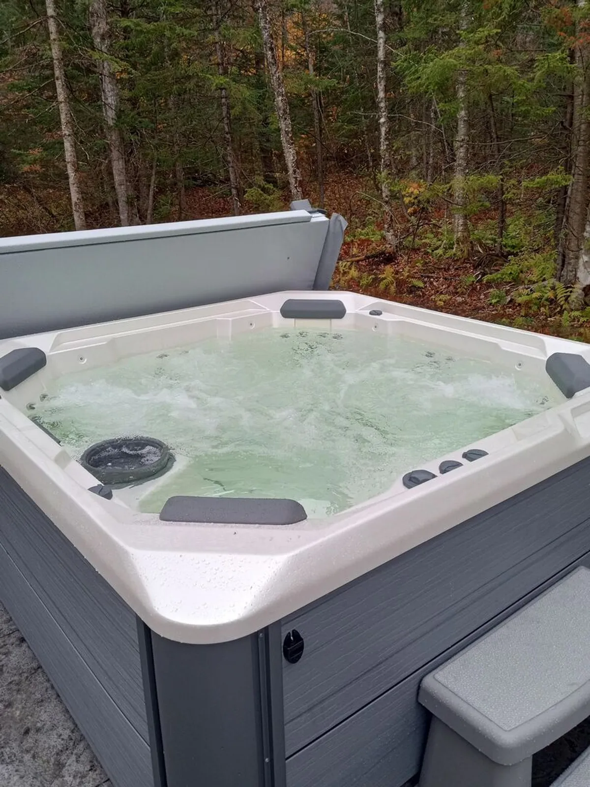 A close-up exterior shot of the private outdoor hot tub nestled amidst trees, with the water surface invitingly calm. The setting feels intimate and tranquil, ideal for stargazing or unwinding after outdoor adventures.